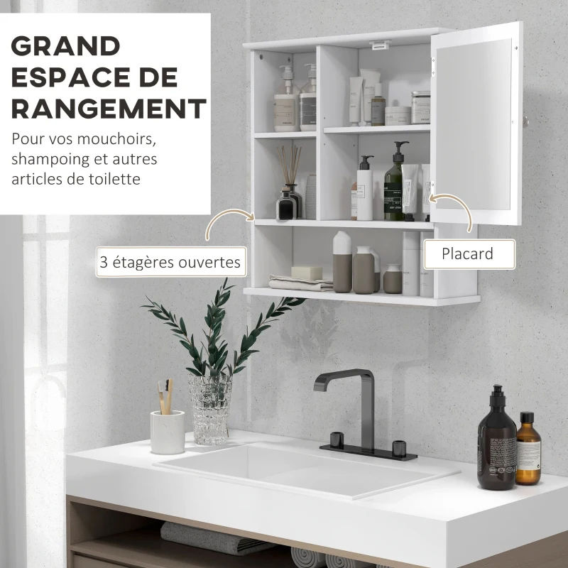 kleankin Armoire Murale Salle de Bain Armoire à Glace Placard de Rangement Toilettes 1 Porte Niche + étagères latérales MDF Blanc