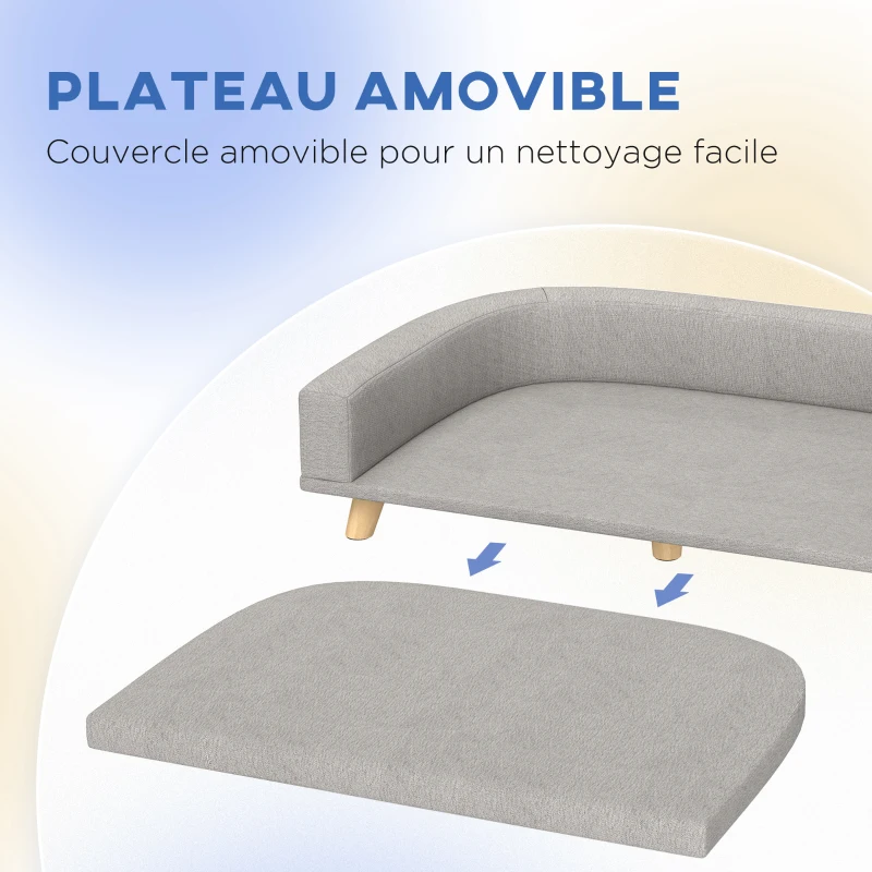 PawHut Canapé pour chien grand lit surélevé pour chien coussin lavable cadre en bois tissu polyester 98 x 67 x 25 cm gris