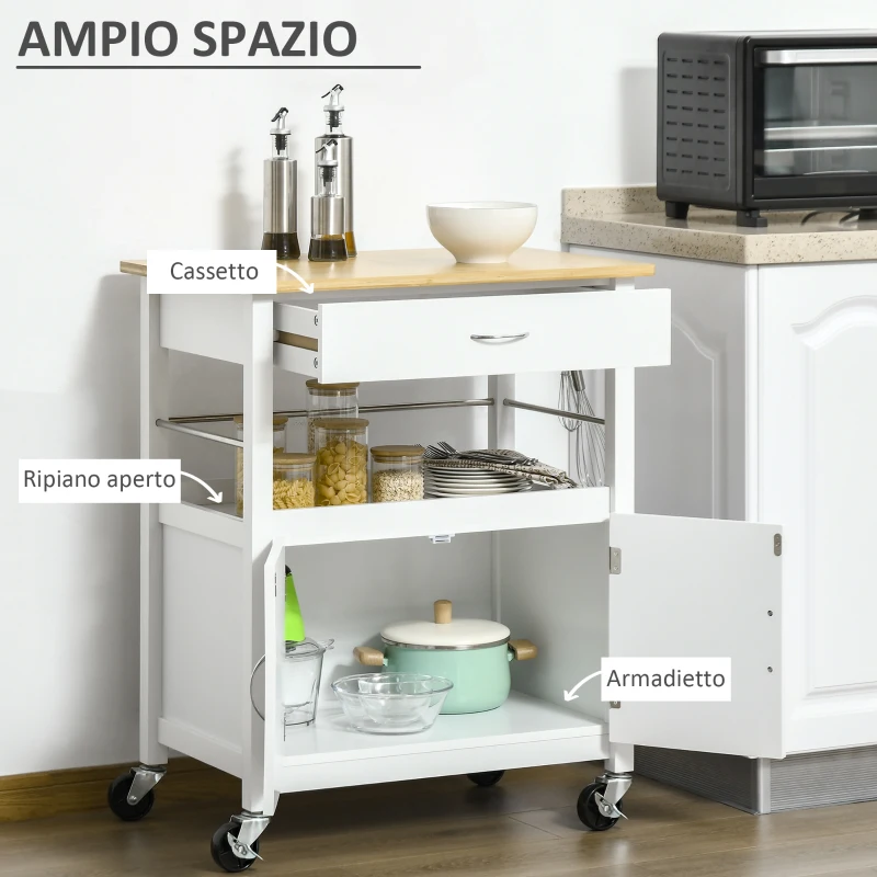 HOMCOM Carrello Cucina con Cassetto Armadietto e Scaffale, Carrellino Portavivande con Piano in Bambù e 4 Ruote, Bianco