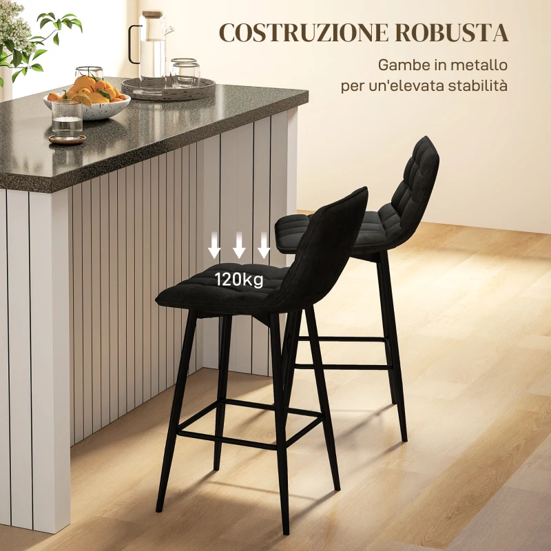 HOMCOM Set 2 Sgabelli da Cucina Stile Nordico in Tessuto Effetto Velluto e Metallo, 45x47x84 cm, Nero