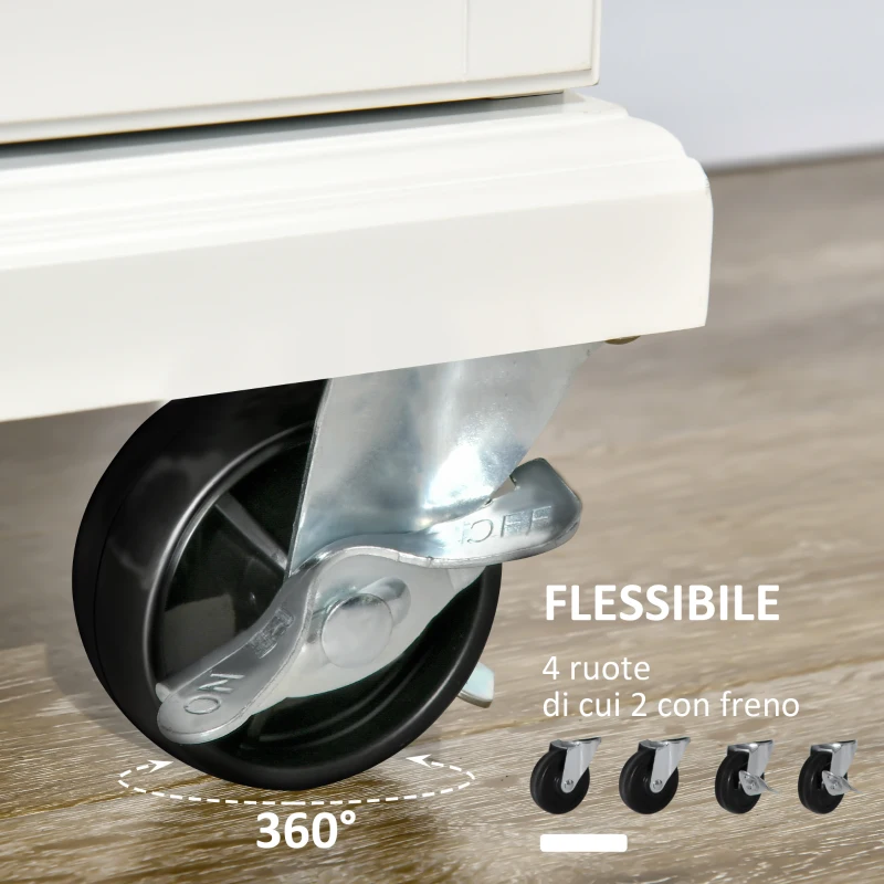 HOMCOM Carrello da Cucina Espandibile in Legno Bianco Cassetto, Armadietto, Portasciugamani e 4 Ruote 119.6x45.7x91.2cm