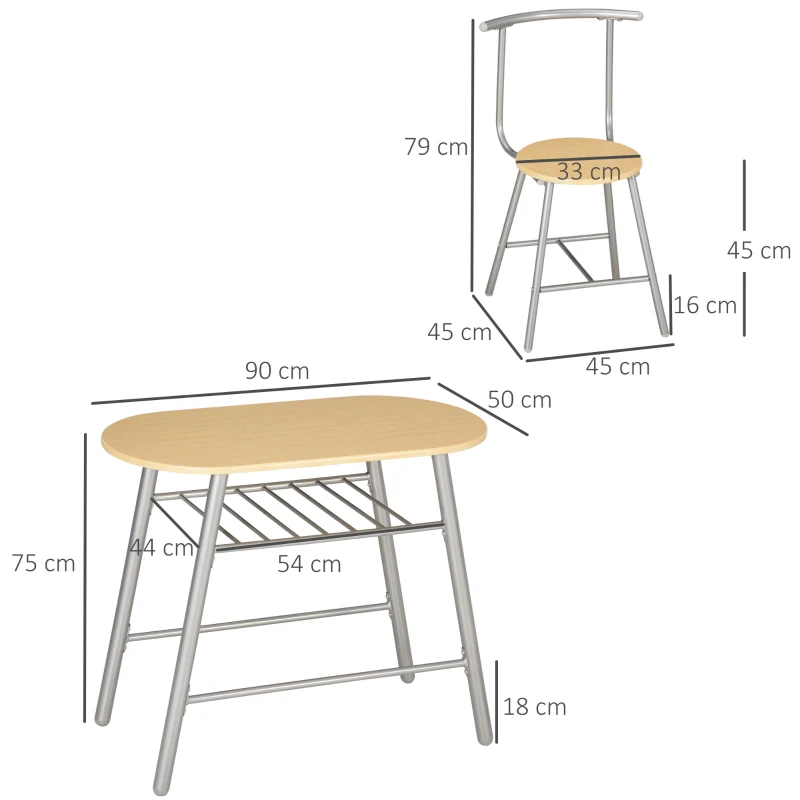 HOMCOM Set da Pranzo Salvaspazio da 3 Pezzi con Tavolo da Pranzo Ovale con Ripiano e 2 Sedie in MDF e Acciaio