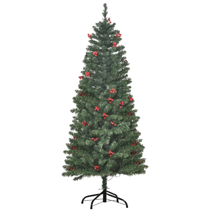 HOMCOM 5FT Prelit Artificial Pencil Christmas Tree with Warm White LED Light, Red Berry, Holiday Home Xmas Decoration, Green