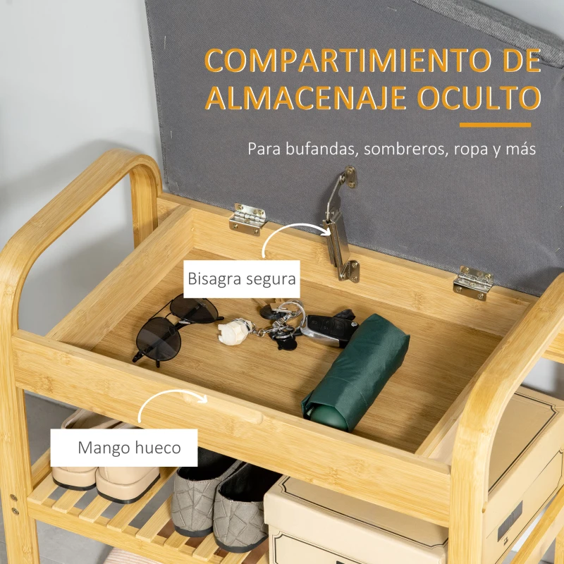 HOMCOM Banco Zapatero de Bambú Banco para Zapatos con Estante Cojín Acolchado Abatible y Espacio Oculto de Almacenaje para Recibidor Entrada Pasillo 60x33x50 cm Natural