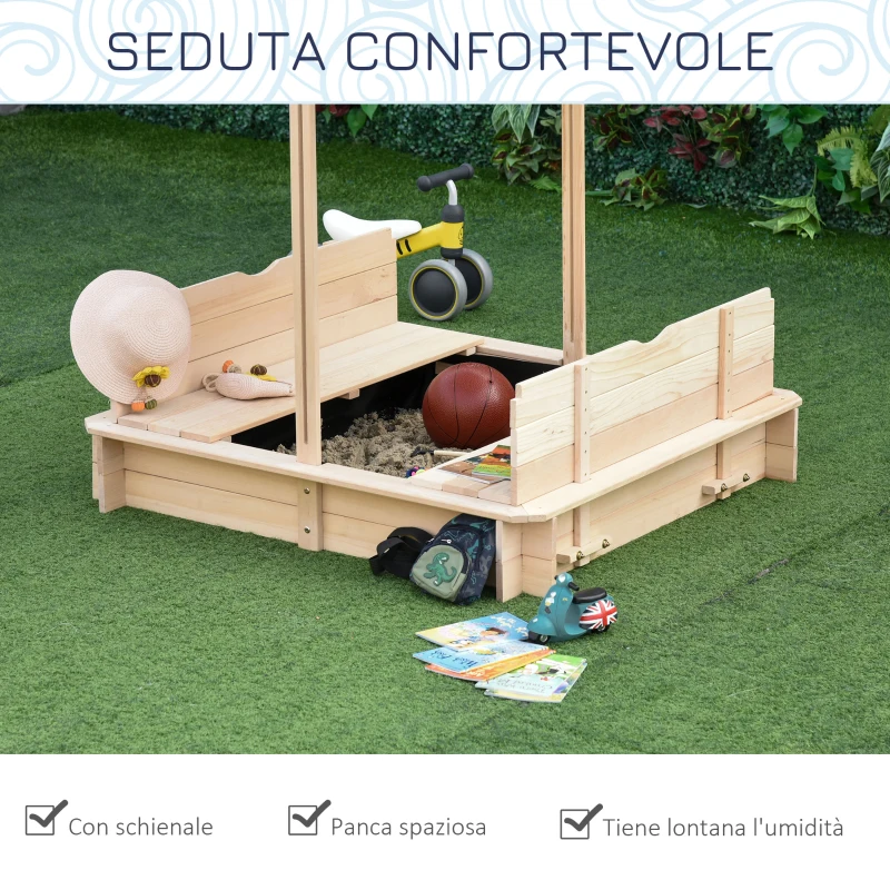 Outsunny Sabbiera per Bambini in Legno con Tettuccio Parasole, Panca e Coperchio, 106x106x115 cm Bianco e Blu