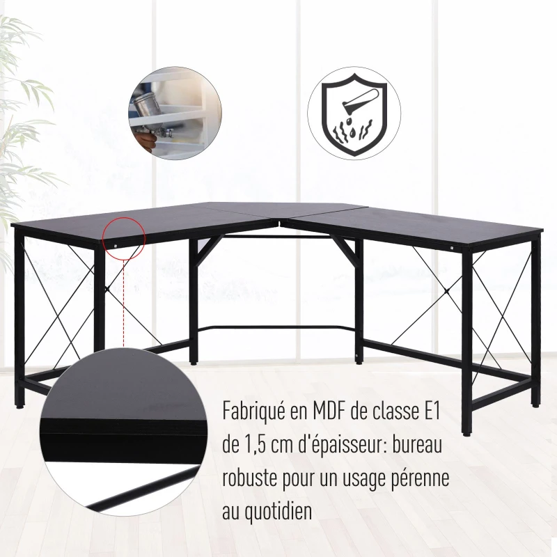 HOMCOM Bureau d'angle Bureau Informatique Design Moderne métal MDF Imitation Bois Noir