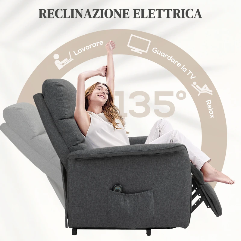 HOMCOM Poltrona Alzapersona Elettrica con 8 Punti Vibranti, 4 Modalità di Massaggio e Riscaldamento, Grigio