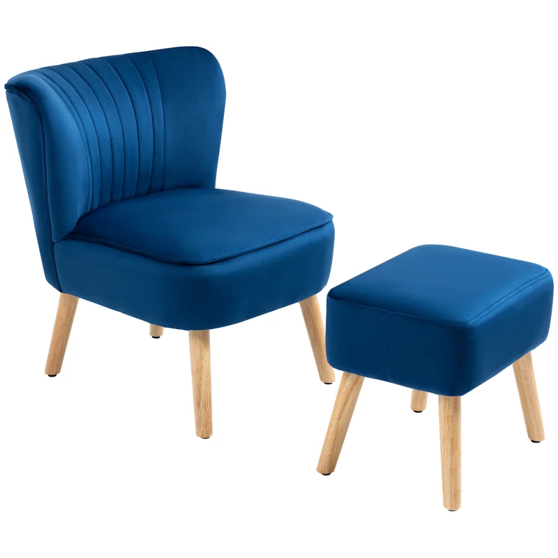 HOMCOM Velvet Accent Chair Occasional Tub Seat Padding Curved Back w/ Ottoman Wood Frame Legs Home Furniture, Dark Blue