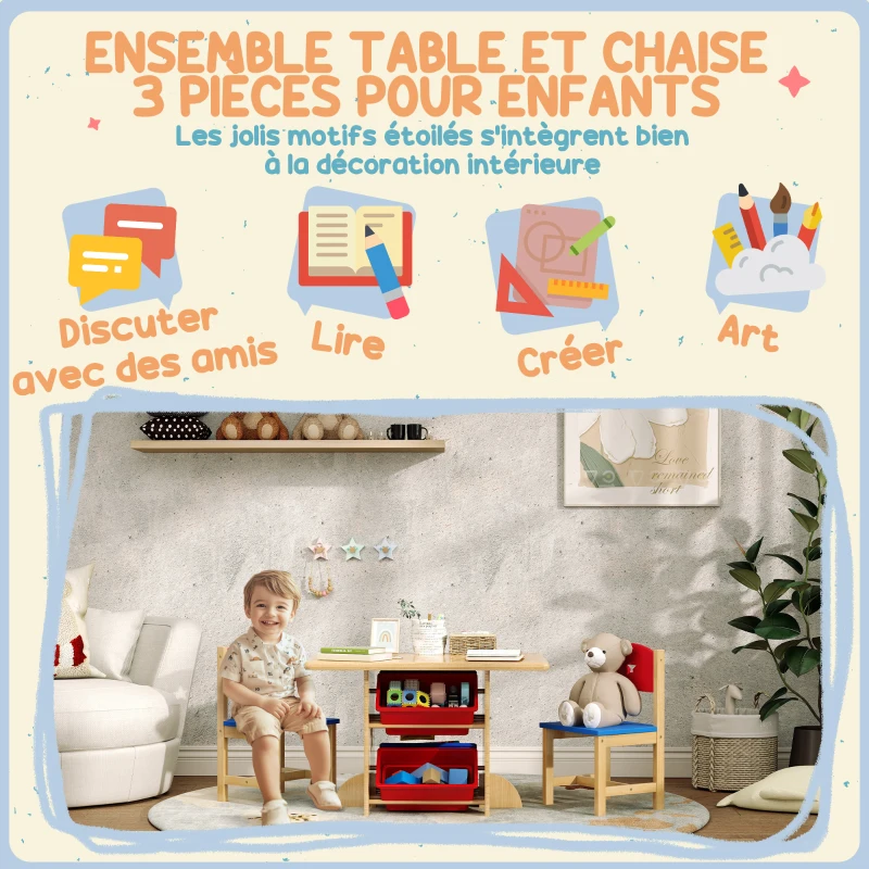 AIYAPLAY Table enfant avec 2 chaises ensemble table et chaises enfants 3 pièces en bois avec 4 bacs de rangement bois naturel