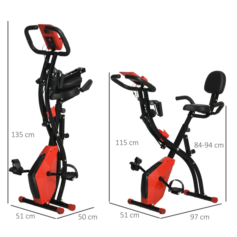 HOMCOM Bicicleta Estática Plegable Regulable en Altura Resistencia Magnética Ajustable Bicicleta de Ejercicio Fitness con Pantalla LCD y Asiento con Respaldo Sensor de Pulso 105x48x118 cm Rojo