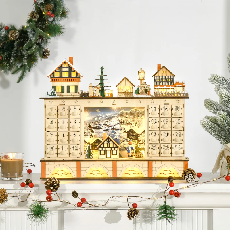 HOMCOM Calendario dell'Avvento in Legno con 24 Cassetti da Riempire, Decorazione con Villaggio di Natale e Luci, 44x10x37cm