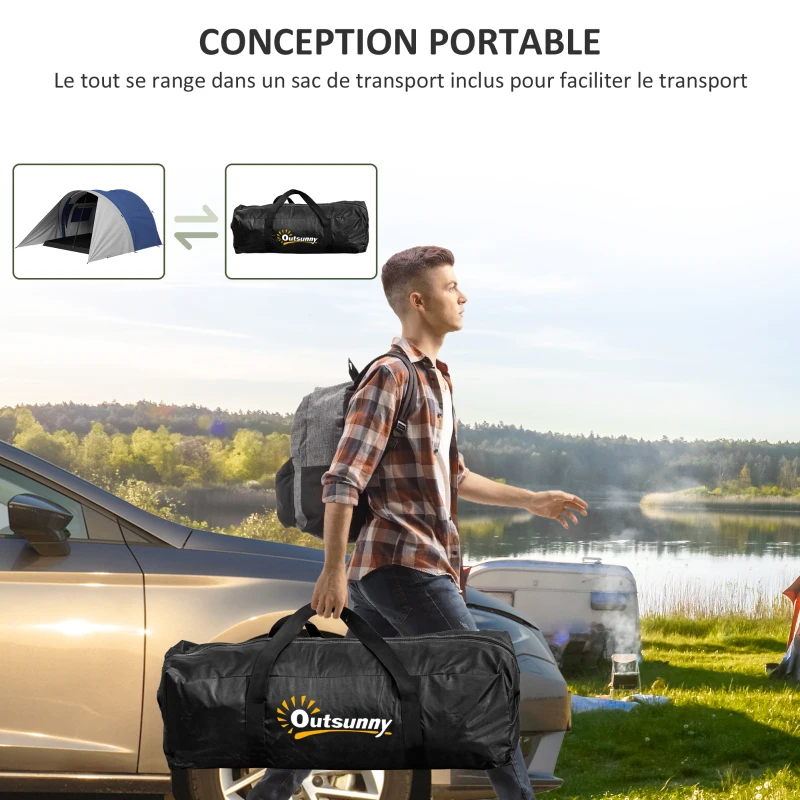 Outsunny Tente de camping familiale 3-4 personnes étanche légère ventilée facile à monter, dim. 390L x 315l x 188H cm