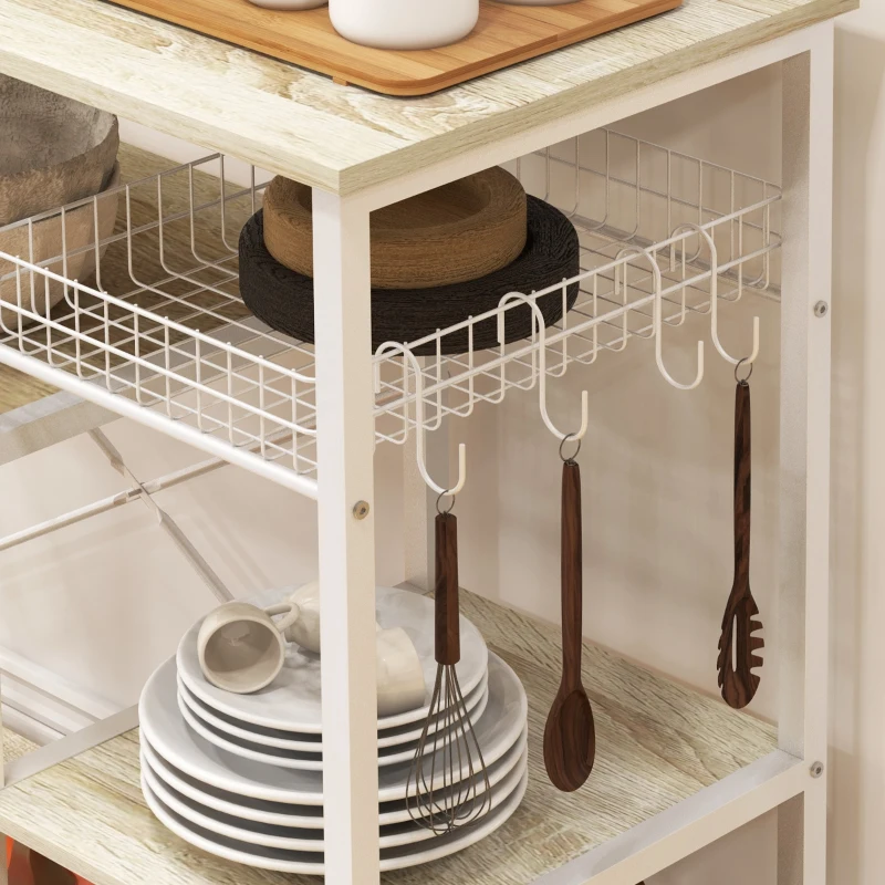 HOMCOM Etagère meuble de rangement cuisine ilot style moderne avec 4 crochets 4 étagères 90 x 40 x 84,5 cm,