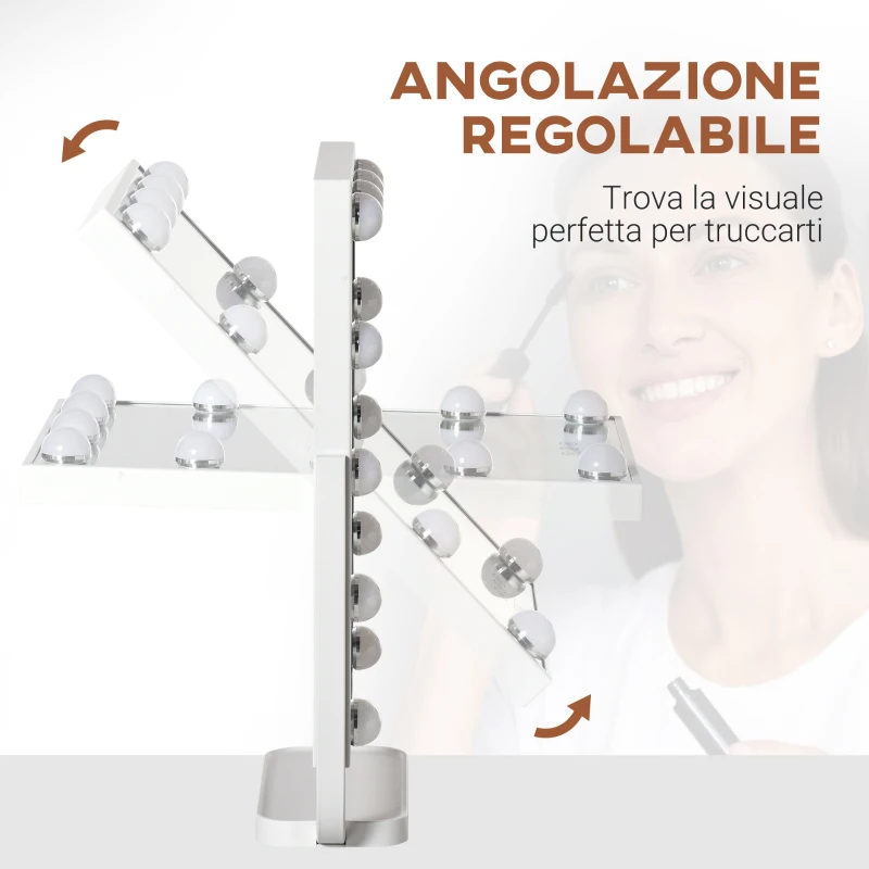 HOMCOM Specchio Trucco Illuminato Inclinabile con 12 Luci LED e Luminosità Regolabile, 32.8Lx11x47.4cm