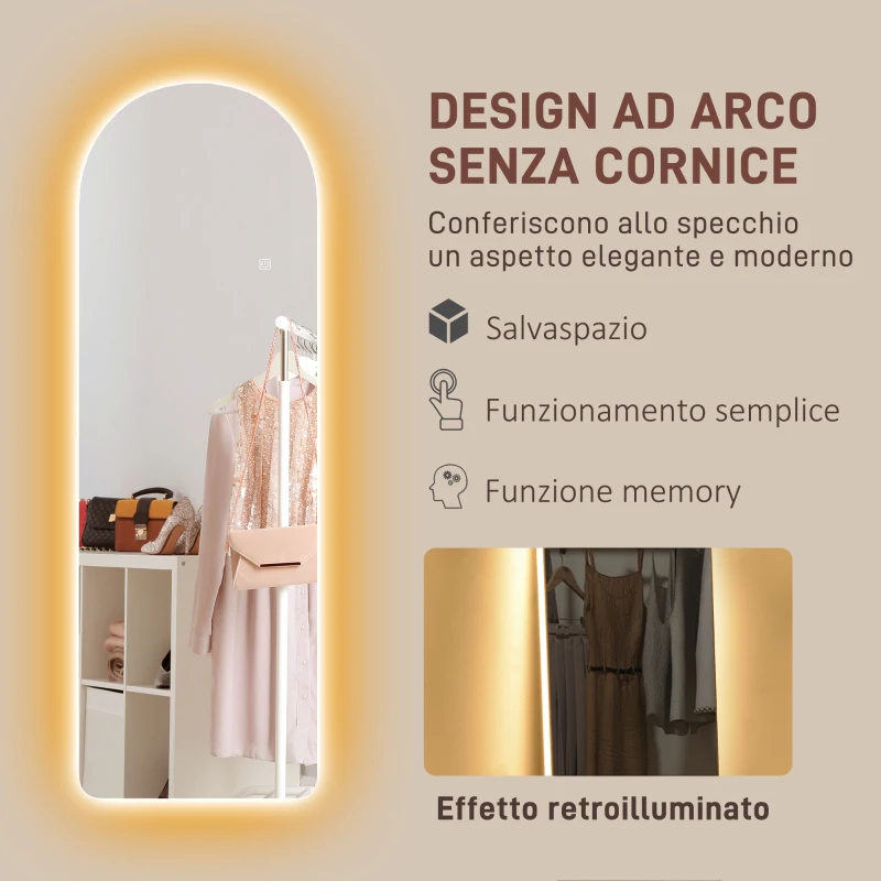 HOMCOM Specchio da Parete ad Arco con Illuminazione LED Regolabile e Controllo Touch, in Vetro Temperato, 40x3x120 cm