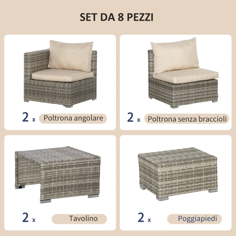 Outsunny Salotto da Giardino in Rattan PE da 8 Pezzi con Poltrone, Tavolini e Sgabelli, Beige