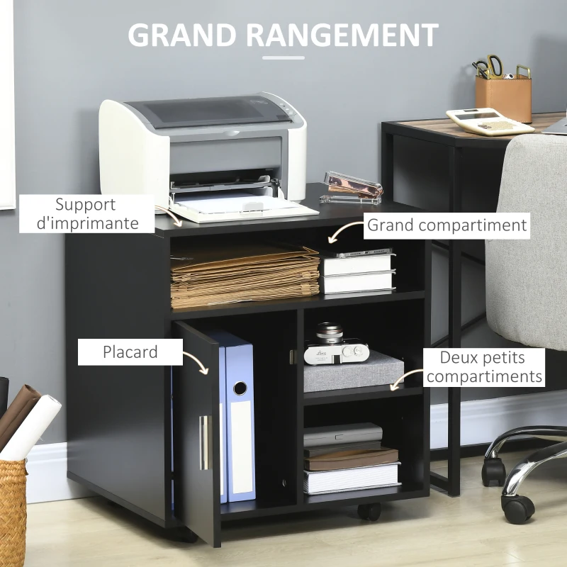 HOMCOM Support d'imprimante organiseur bureau caisson placard porte 3 niches + grand plateau panneaux particules noir