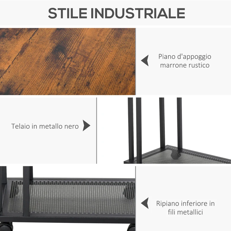 HOMCOM Tavolino da Salotto e da Letto con 4 Ruote, Design a C in Legno e Acciaio, Marrone Rustico e Nero, 51x36x61cm