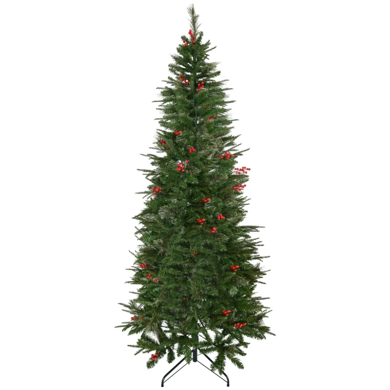 HOMCOM 7ft Pencil Artificial Christmas Tree with Realistic Branches, Red Berries, Auto Open, Green