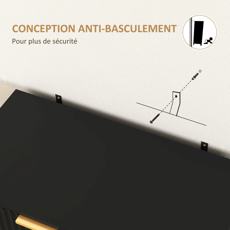 HOMCOM Buffet salon meuble de rangement style moderne avec placard à 2 portes cannelées, étagère réglable, pieds en métal, noir