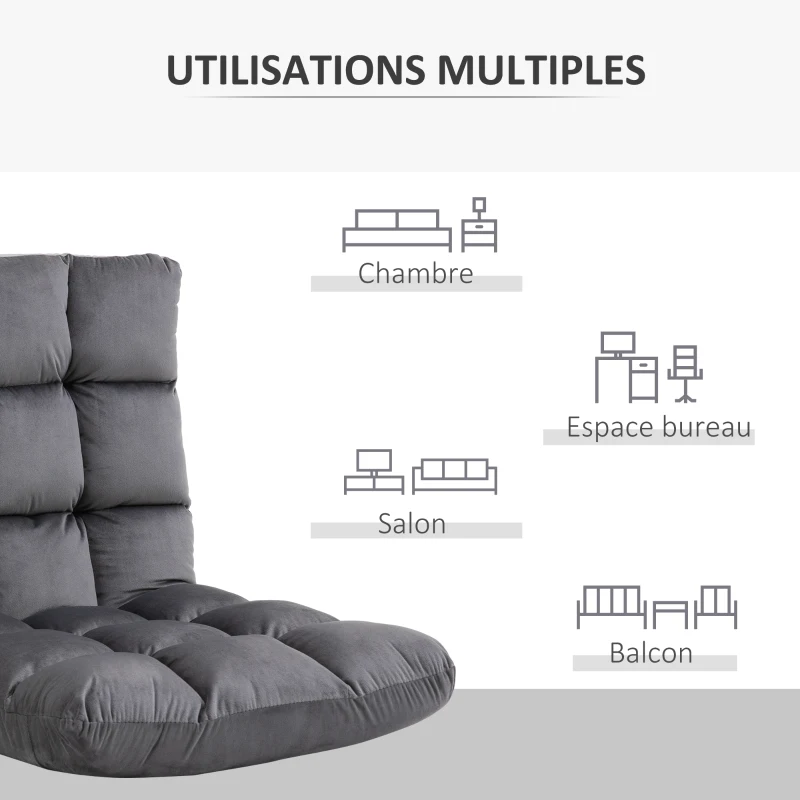 HOMCOM Fauteuil Convertible Fauteuil Paresseux Grand Confort Inclinaison Dossier Multipositions 90°-180° Flanelle Polyester capitonné Gris foncé