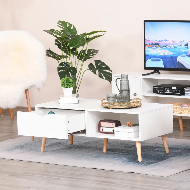 HOMCOM Table Basse rectangulaire Design scandinave Grande Niche et tiroir Coulissant Bois Massif pin Panneaux Particules Blanc