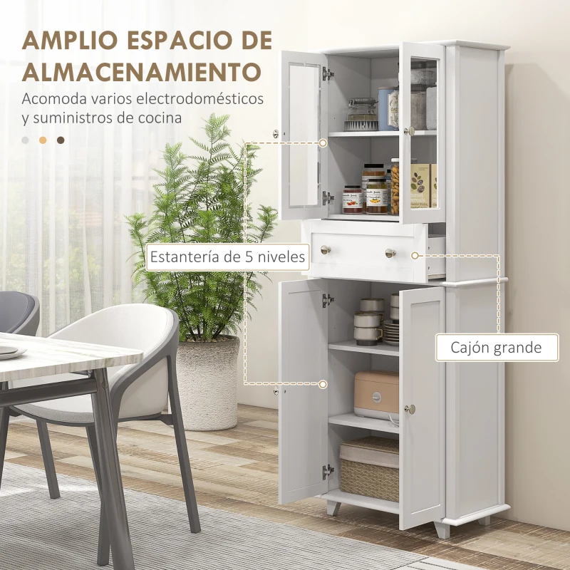 HOMCOM Alacena de Cocina Despensa Armario de Cocina con 2 Puertas de Vidrio Templado Cajón 61x35x168,5 cm Blanco(m-4)