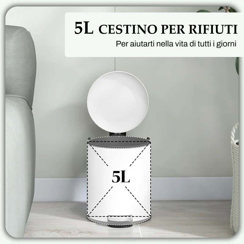 HOMCOM Bidone Immondizia a Pedale da 5L con Coperchio a Chiusura Morbida, in Metallo e PP, 26.5x21x28 cm, Crema