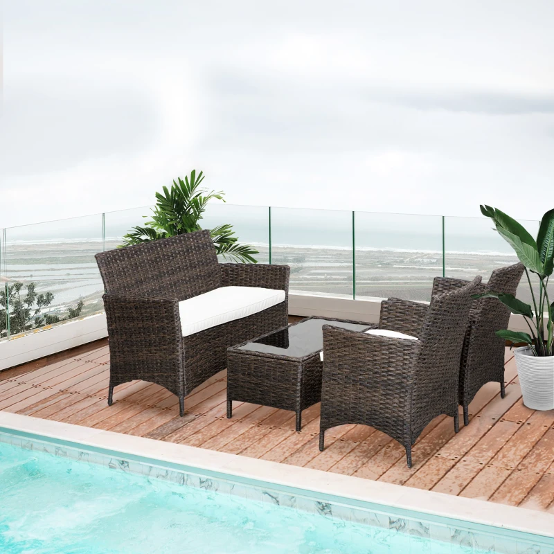 Outsunny Salottino da giardino esterno Set 4 Pzi:1 Divano/2 Poltrone/1 Tavolino, Set da Giardino in Rattan,  Caffè Scuro e Bianco