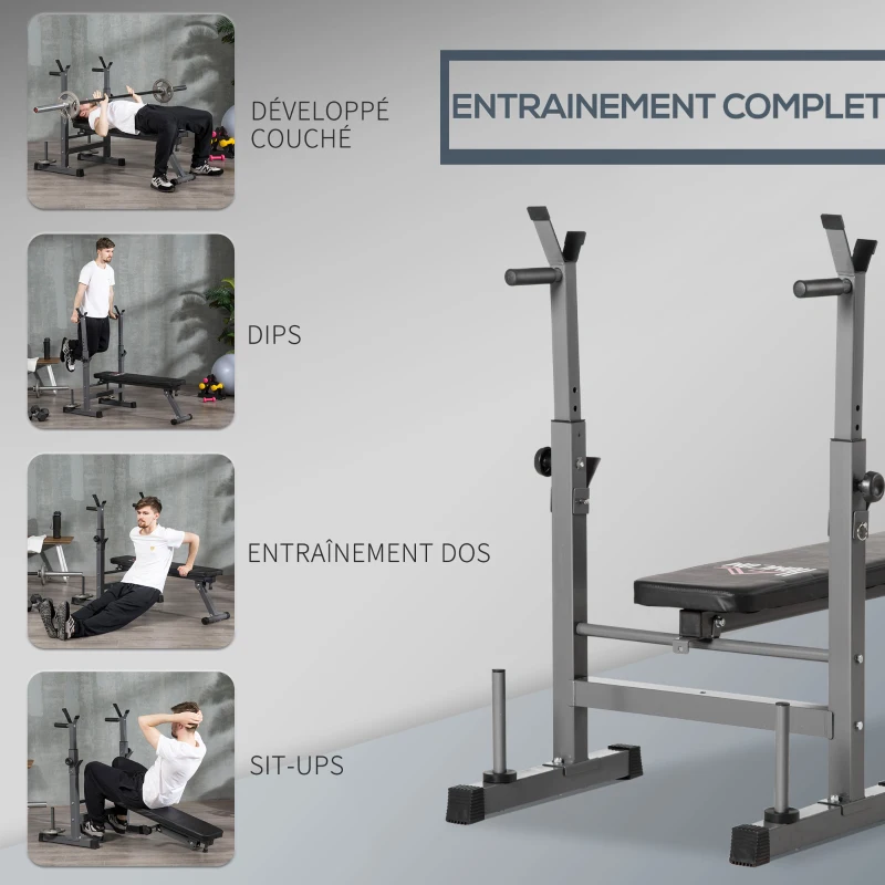 HOMCOM Banc de musculation pliable avec support d'haltères réglable et poignées dips - fitness