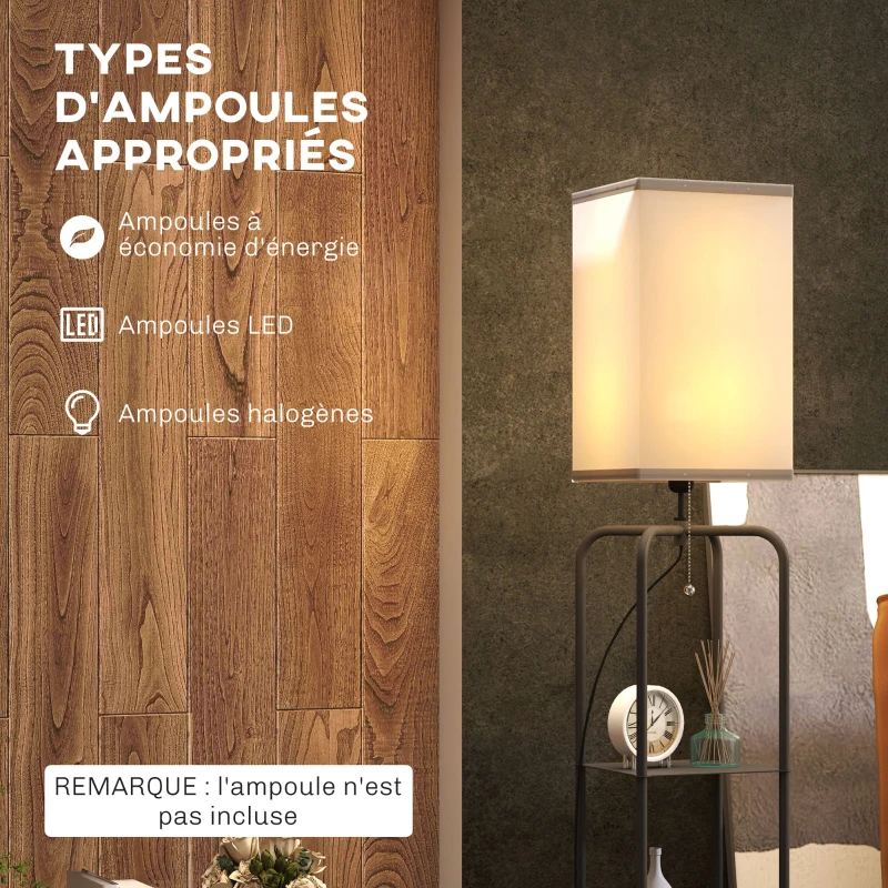 HOMCOM Lampadaire sur pied salon avec étagères, abat-jour en tissu, interrupteur à chaînette pour salon, chambre à coucher