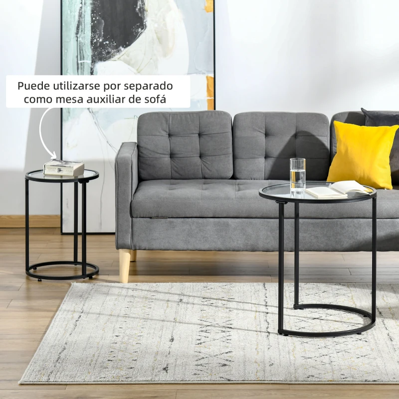 HOMCOM Juego de 2 Mesitas Auxiliares Anidadas con Estructura de Metal y Encimera de Cristal Ø50x58 cm y Ø37x51 cm Negro