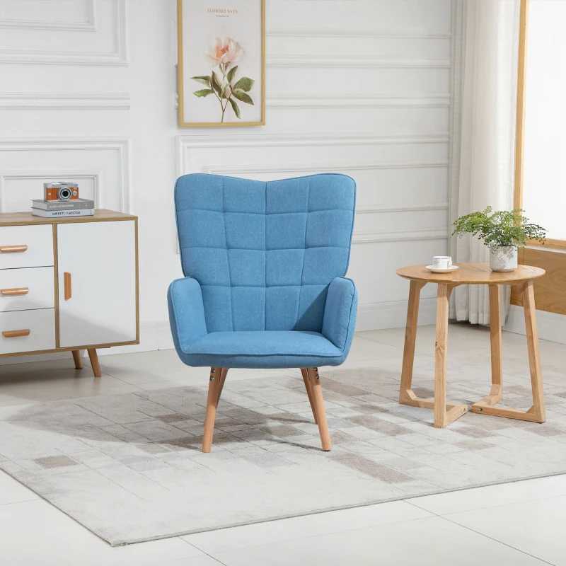 HOMCOM Sillón Individual con Respaldo Alto Reposabrazos Tela de Lino y Patas de Madera para Comedor Cocina 71x76x101cm Azul