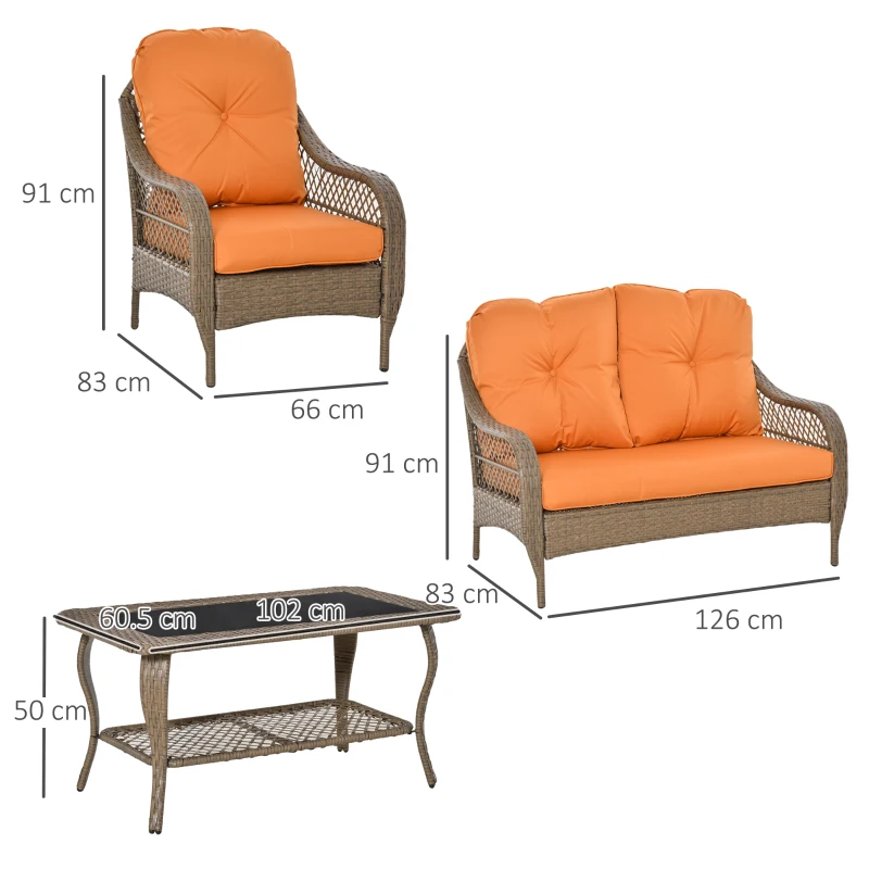 Outsunny Set Mobili da Giardino in Rattan PE con 2 Poltrone Divano a 2 Posti e Tavolo e Cuscini, Colore Khaki e Arancione