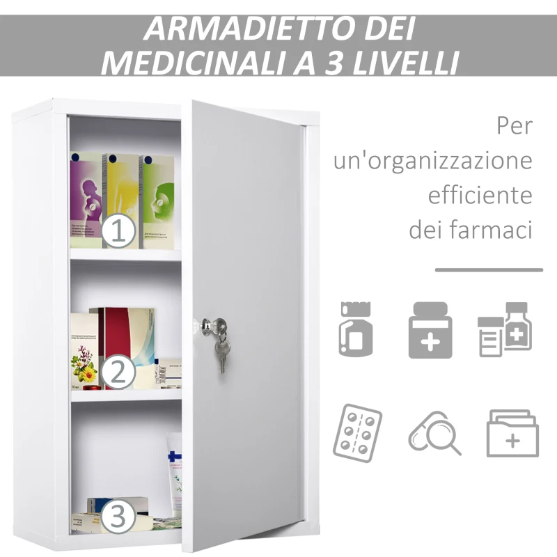kleankin Armadietto Medicinali a 3 Livelli in Acciaio con 2 Chiavi e Montaggio a Parete, 40x18x60 cm, Bianco