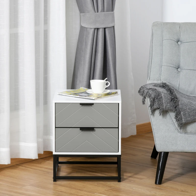 HOMCOM Bedside Cabinet with 2 Drawer Storage Unit, Unique Shape Bedroom Table Nightstand with Metal Base, for Living Room, Study Room, Dorm