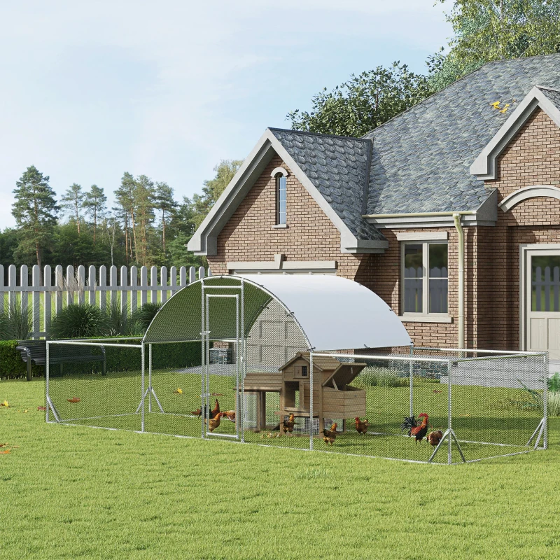 PawHut Pollaio da Giardino per 12-14 Galline in Acciaio Zincato e PE con Tettoia e Serratura, 660x190x195 cm
