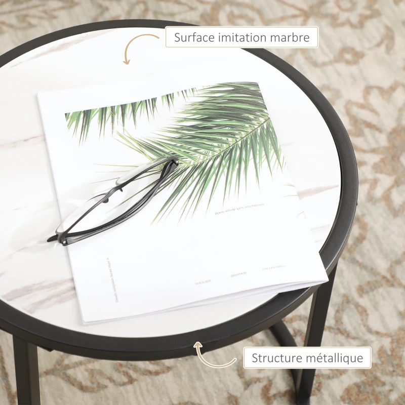 HOMCOM Lot de 2 Tables Basses Rondes gigogne empilables Plateau en bois aspect marbre et Pieds en métal Noir