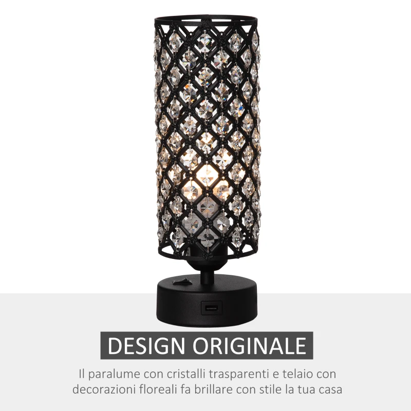 HOMCOM Lampada da Tavolo con Paralume in Cristallo e 2 Porte USB, Luce Regolabile Ф10.8x30cm, Nero