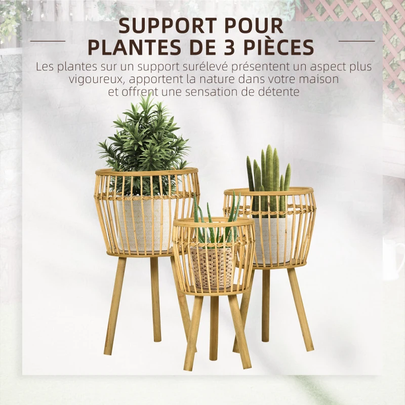 Outsunny Lot de 3 supports cache-pots à plantes lot de 3 étagères à fleurs support pots de fleurs sur pied trépied bois naturel