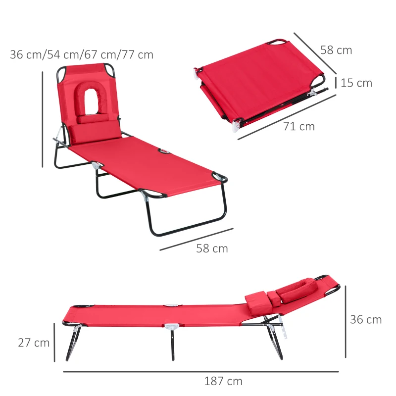 Outsunny Bain de Soleil Pliable transat inclinable 4 Positions Chaise Longue 3 Coussins fournis Rouge