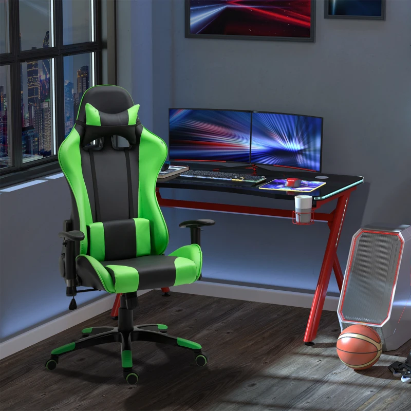 HOMCOM Sedia Gaming Professionale con Altezza Regolabile, Sedia da Ufficio Girevole e Reclinabile, con Sostegno Lombare e Collo, 67x67x123-132 cm, Nera e Verde