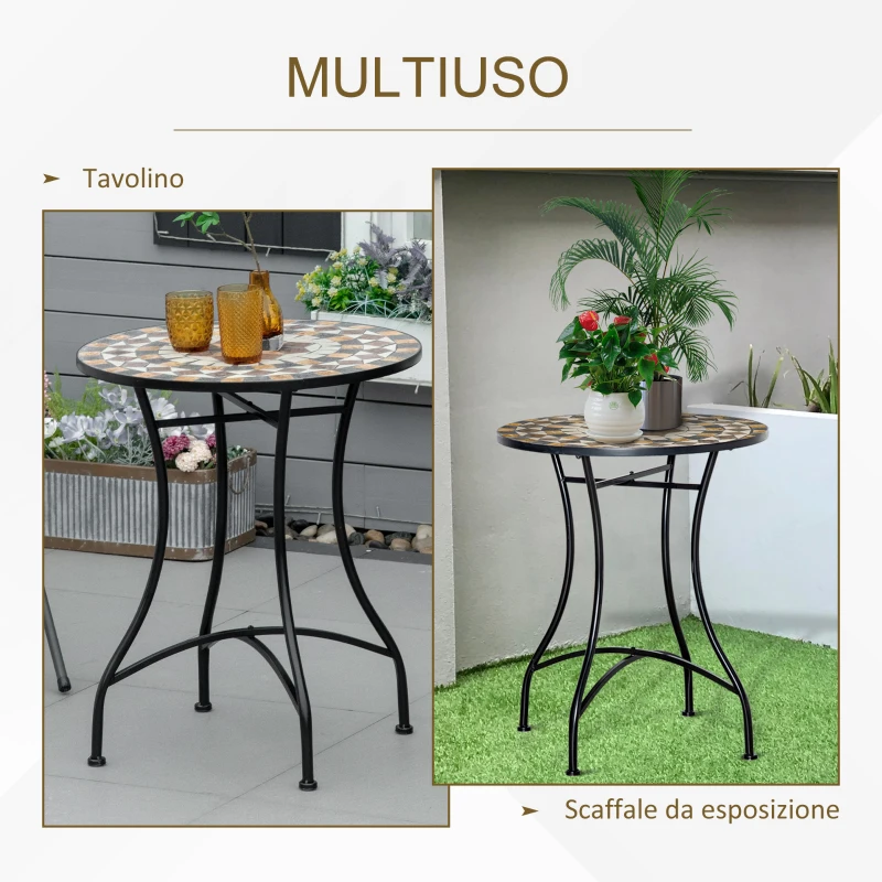 Outsunny Tavolo da Giardino Rotondo in Metallo e Mosaico per Esterno e Interno, Ф60x71cm, Nero