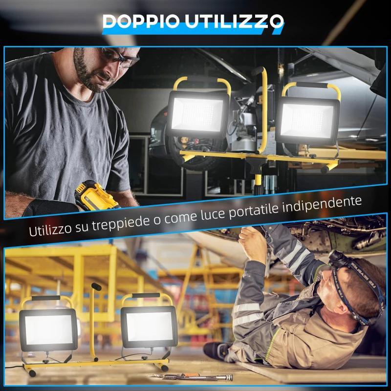 HOMCOM Faretti LED da Lavoro da 6500K con Treppiede Staccabile, in Alluminio e Metallo, 75x62x170 cm, Giallo e Nero