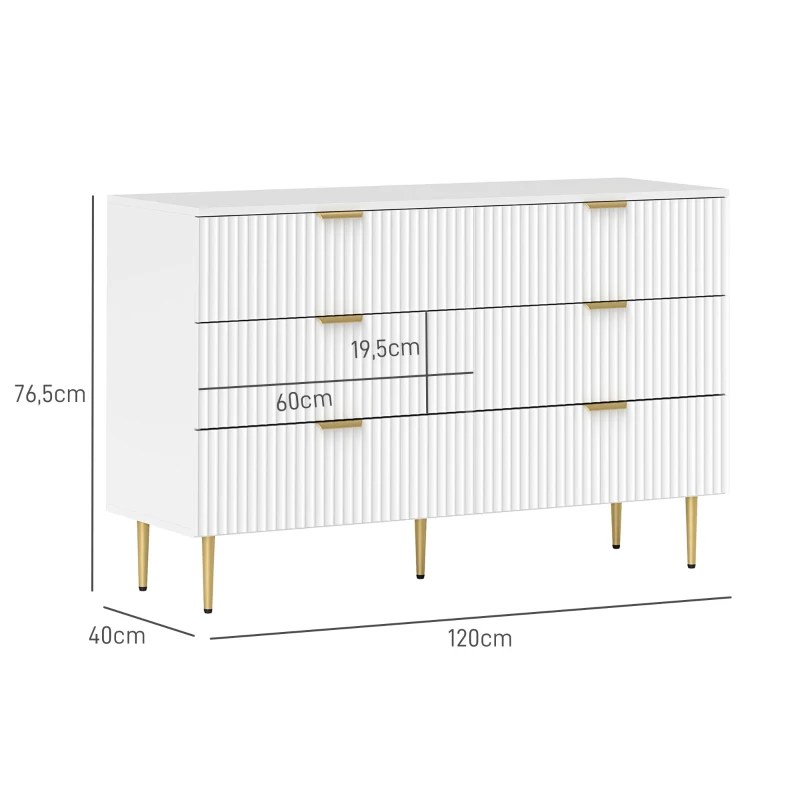 HOMCOM Commode 6 tiroirs commode chambre meuble de rangement moderne avec poignées et pieds dorés, 120 x 40 x 76,5 cm, blanc