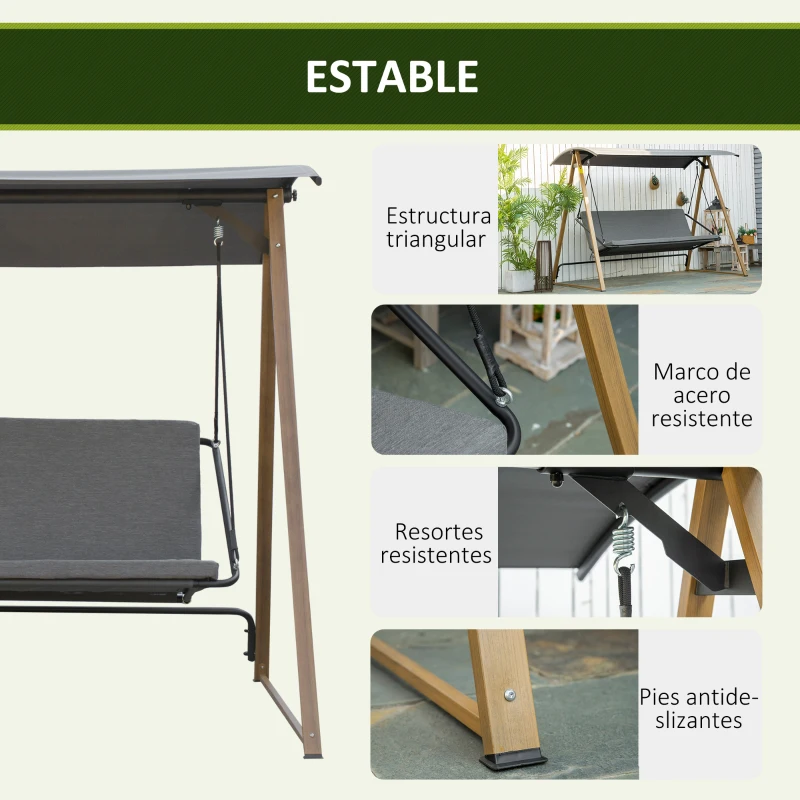 Outsunny Columpio Balancín de Jardín de 3 Plazas con Techo Ajustable Asiento Acolchado 224x133x173 cm Gris