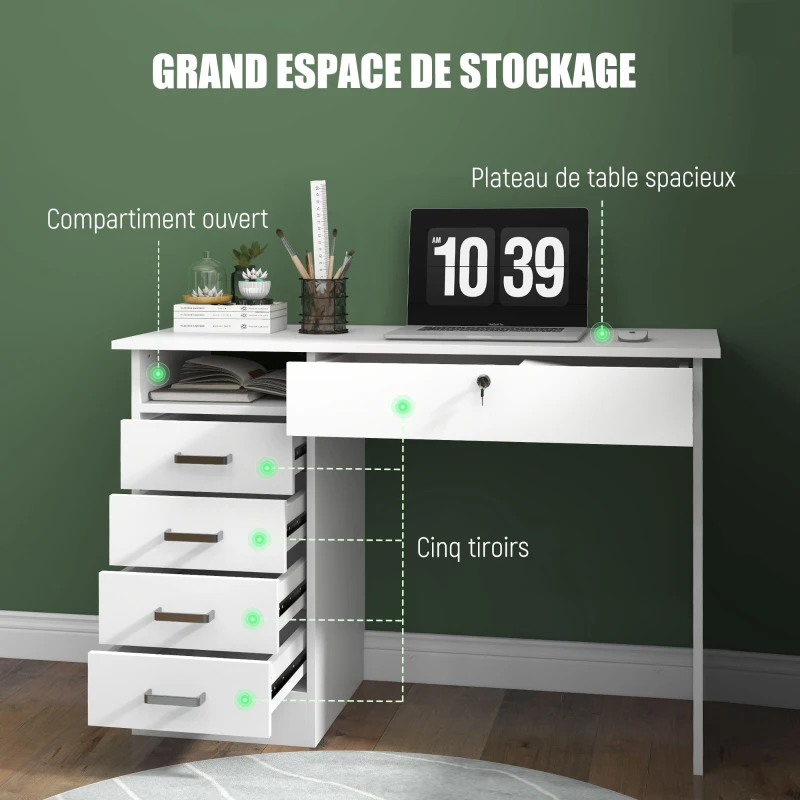 HOMCOM Bureau moderne avec 5 tiroirs, grand plateau, 1 compartiment ouvert, tiroir verrouillable, 110 x 50 x 76cm, blanc
