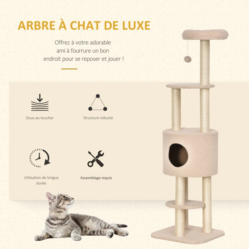 PawHut Arbre à chats avec griffoir arbre à grimper pour chat avec niche et plate-formes peluche haute densité hauteur 148 cm beige