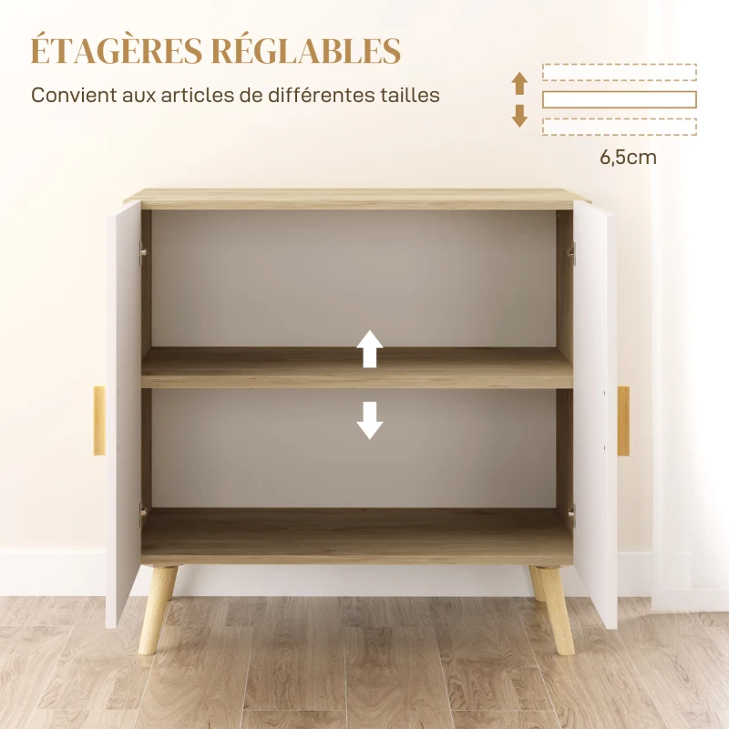 HOMCOM Buffet meuble de rangement avec poignées en bambou étagère ajustable base surélevée 76 x 41,2 x 74 cm blanc bois naturel
