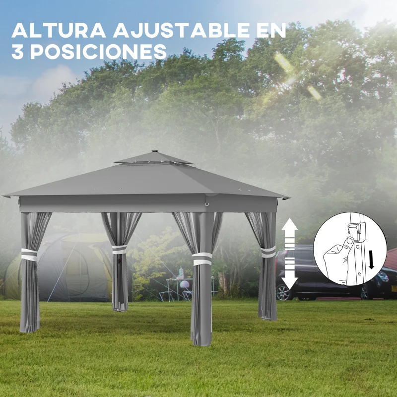 Outsunny Carpa Plegable 3x3 m con Doble Techo 4 Mosquiteras 20 Luces LED Solares Altura Ajustable Mando a Distancia Gris